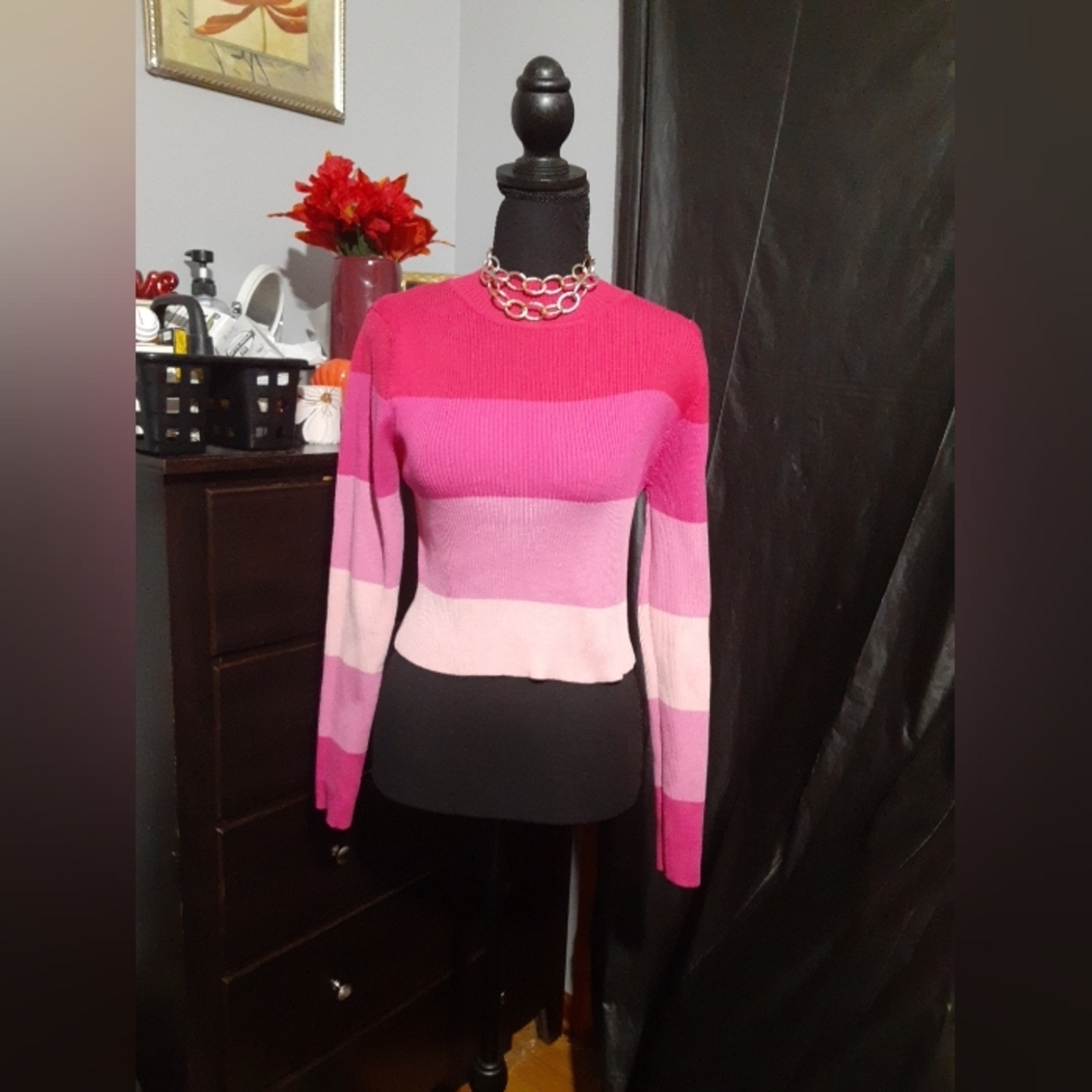Shein Women's Ribbed Cropped Sweater Colorblock Extra Limong Sleeve Pink Peach L